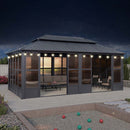 PURPLE LEAF Sunroom Hardtop Gazebo Solarium Grey Galvanized Steel Double Roof  All-Weather Aluminum Outdoor Screen House with String Lights