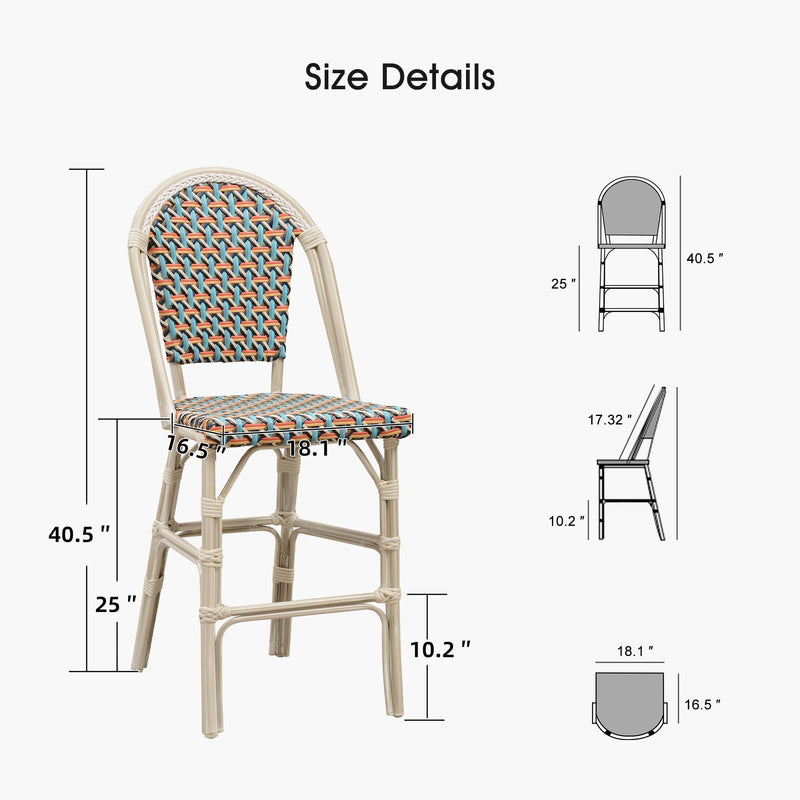 PURPLE LEAF French Counter Height Bar Height Stool Set of 2, Patio Bar Chairs with Back Rattan, French Bistro Set