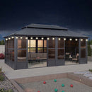 PURPLE LEAF Sunroom Hardtop Gazebo Solarium Grey Galvanized Steel Double Roof  All-Weather Aluminum Outdoor Screen House with String Lights