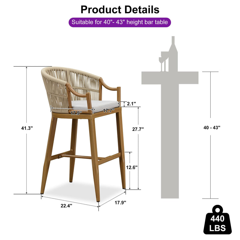 PURPLE LEAF Patio Bar Stools Set of 2 Outdoor Wicker Modern High Bar Chairs Metal Cushioned Barstools with Backs and Ergonomic Armrest for Balcony Garden Indoor Kitchen Island