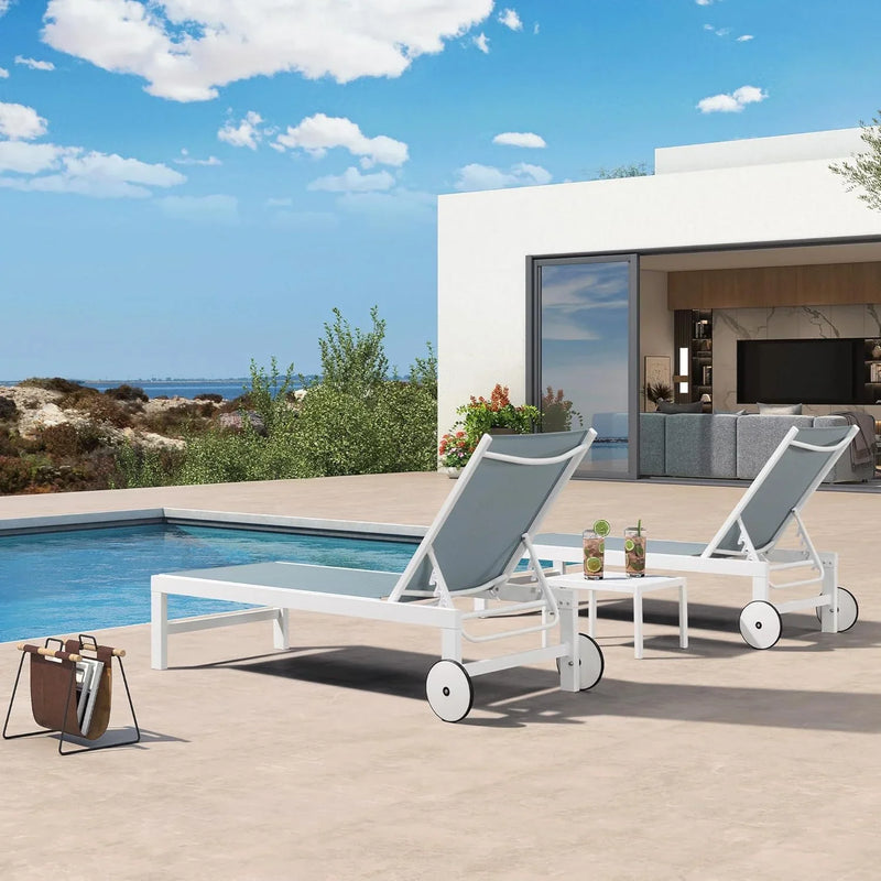 PURPLE LEAF Outdoor Chaise Lounge Chairs Set of 2 White Aluminum Lounge Chair Five-Position Adjustable Chaise with Wheels and Table for Pool Deck Patio