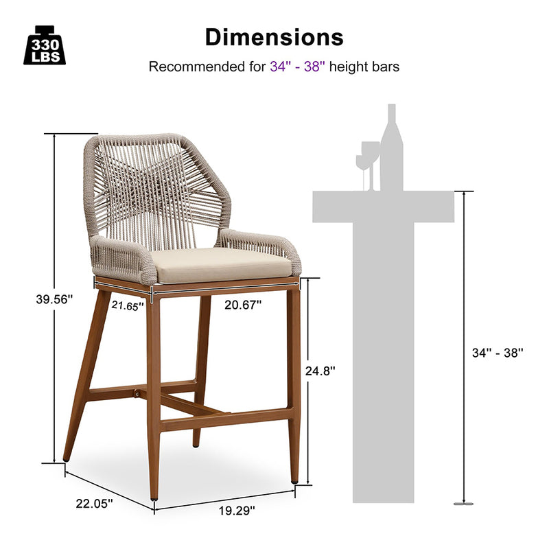 PURPLE LEAF Patio Sunbrella Bar Stools Set of 2  Rattan Bar Aluminum Bar Stool Outdoor Barstools with Back and Cushion for Garden Kitchen Island