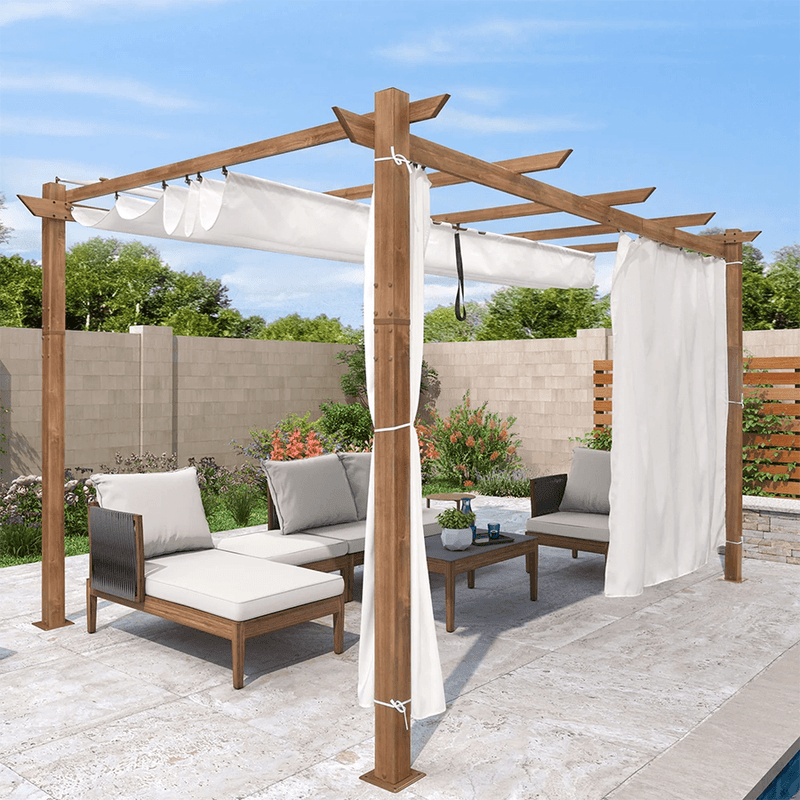 PURPLE LEAF Outdoor Retractable Pergola with Sun Shade Canopy In Natural Wood Grain Frame With Curtains