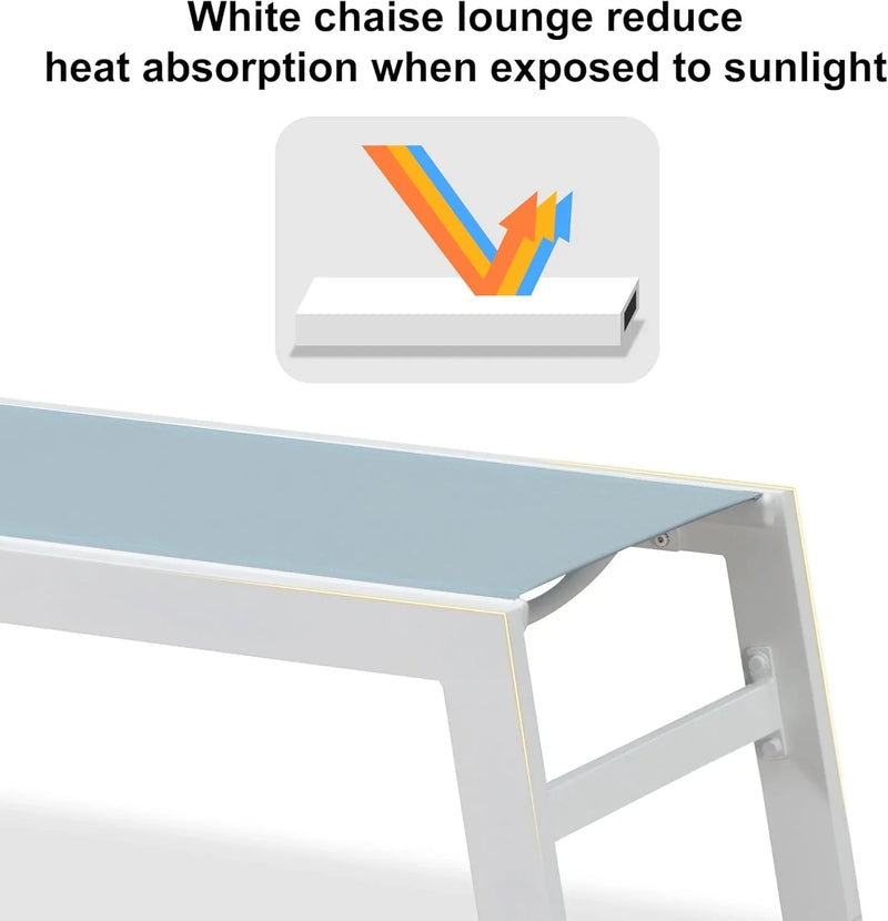 PURPLE LEAF Outdoor Chaise Lounge Chairs Set of 2 White Aluminum Lounge Chair Five-Position Adjustable Chaise with Wheels and Table for Pool Deck Patio
