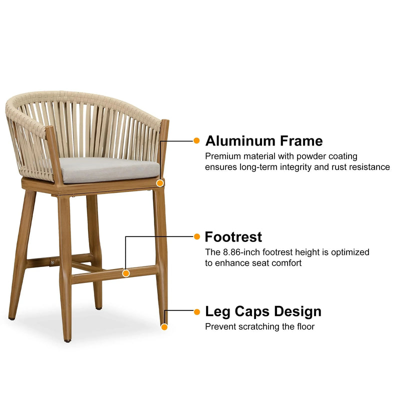 PURPLE LEAF Counter Stools, Bar Stools Set of 2 Rattan Bar Stools Wicker Bar Chairs Woven Aluminum Barstools with Back and Cushions