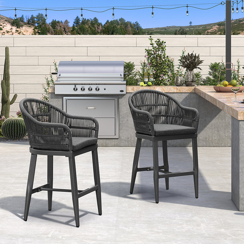 PURPLE LEAF Outdoor Bar Stools Set of 2 Rattan Bar Stools Counter Stools with Back and Cushions  for Patio, Garden, Kitchen
