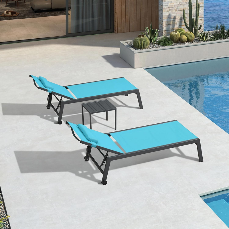 PURPLE LEAF Outdoor Lounge Chair Set of 3 Patio Chaise Pool Lounger Aluminum Frame with Side Table and Wheels for Outside Sunbathing Tanning Recliner Including Pillows