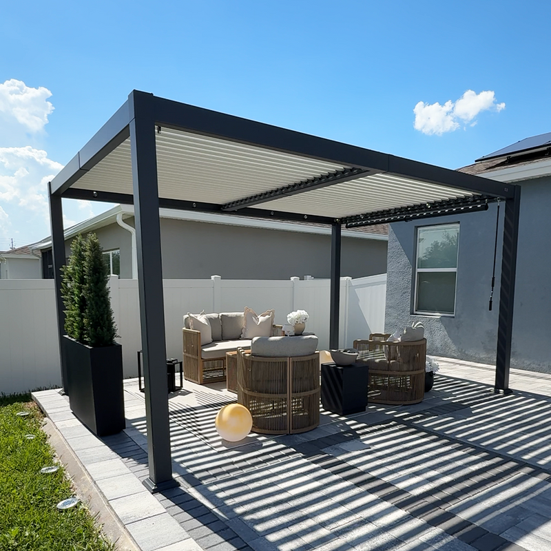 PURPLE LEAF Caesar Outdoor Louvered Pergola Patio Sun Shade Shelter with Adjustable Hardtop Patio Pergola Gray Frame White Roof