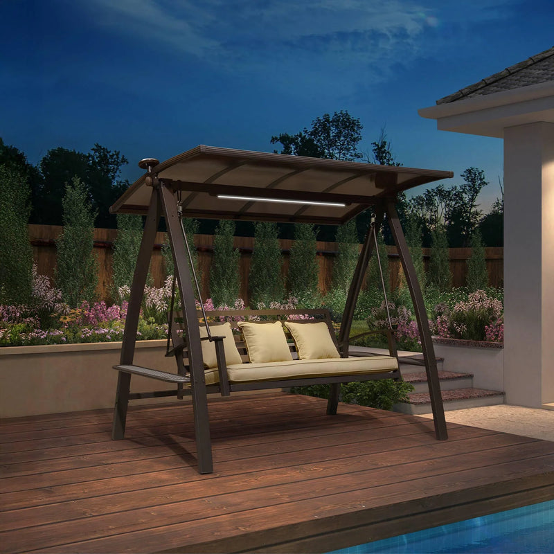 PURPLE LEAF Outdoor Porch Swing with Adjustable PVC Canopy and Side Cup Holder for Outside Garden Porch, Cushion and Pillows Included
