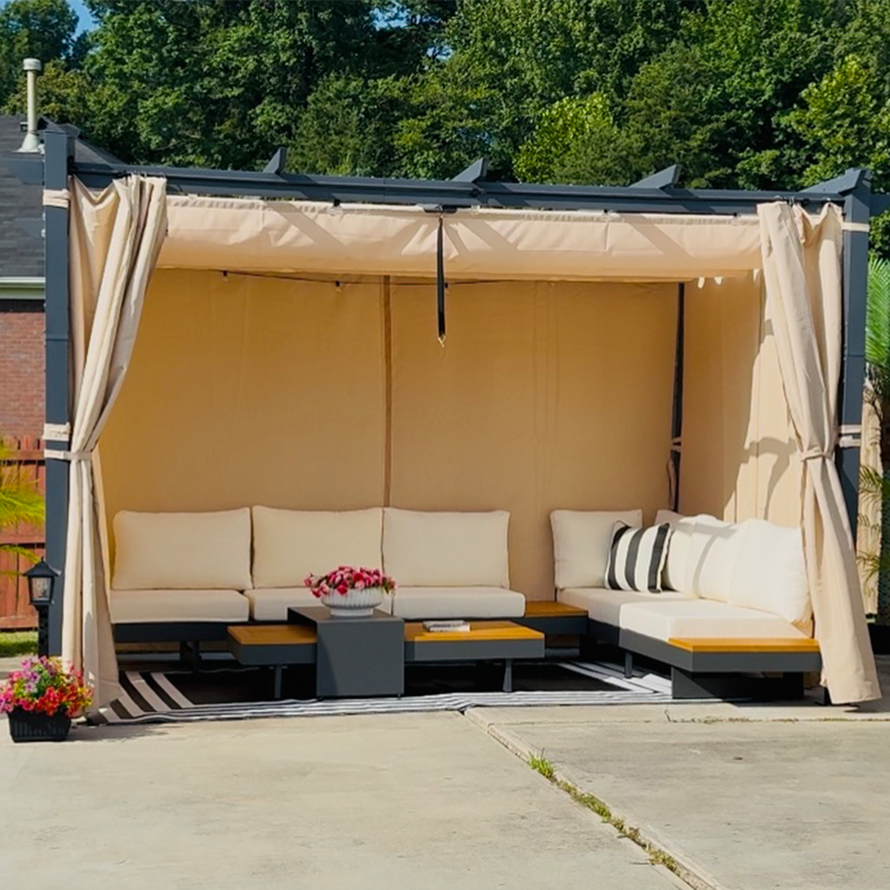 PURPLE LEAF Outdoor Retractable Pergola with Sun Shade Canopy Patio Aluminum Pergola With Curtains