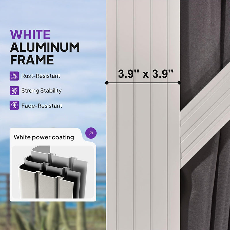 PURPLE LEAF Modern Gazebo Grey Hardtop Galvanized Steel Double Roof White Aluminum Poles with Curtains and Netting with Lights-clear