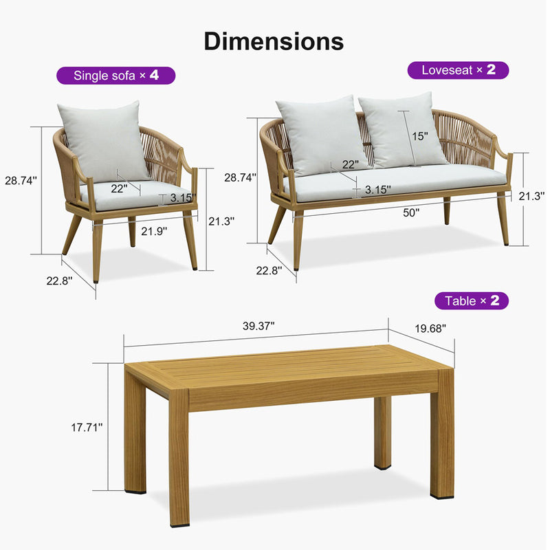 PURPLE LEAF Buler 4/8 Pieces Modern Patio Conversation Set with Rattan Chairs and Coffee Table Sofa for Poolside