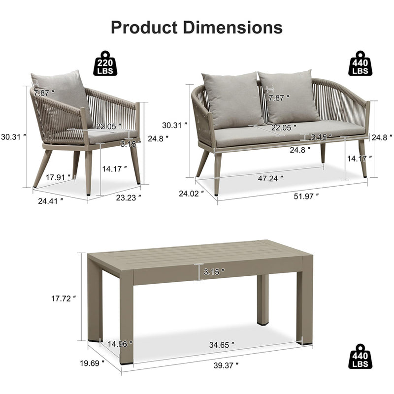 PURPLE LEAF 4-Piece Patio Conversation Set with All-Aluminum Frame, Handwoven Wicker Chairs, and High-Resilience Cushions for Patio Garden Balcony Poolside