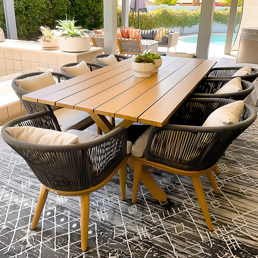 Patio Wicker Dining Set Outdoor Rectangular Table Chairs