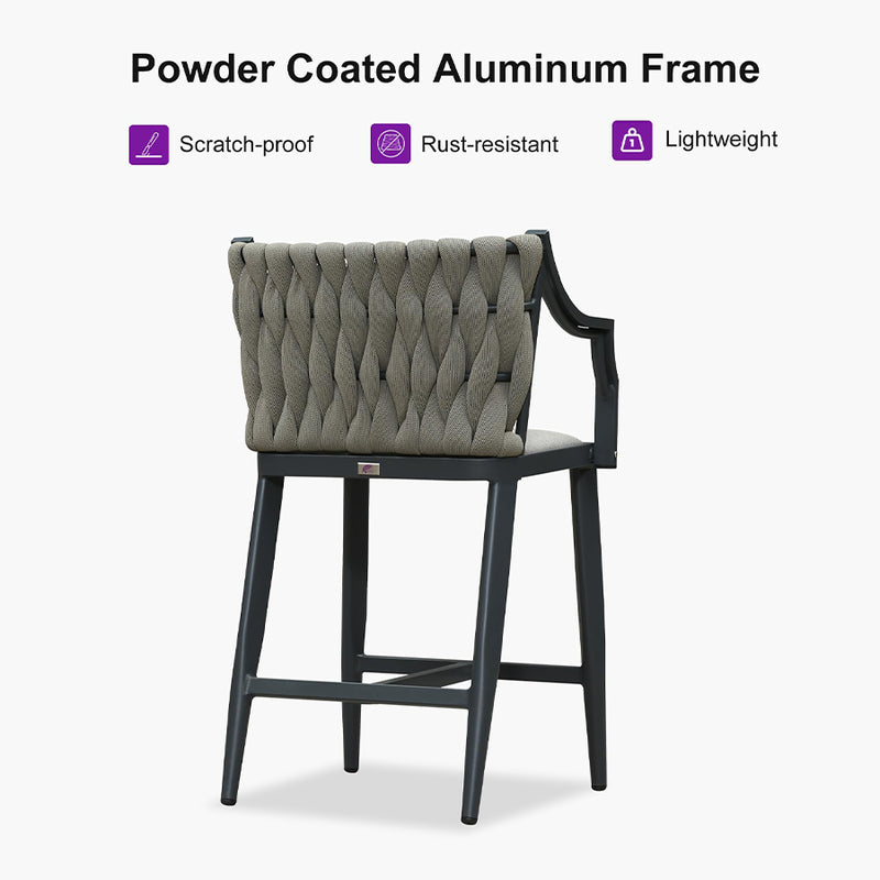 PURPLE LEAF Outdoor Bar Stool Set of 2 Aluminum Frame Bar Chair with Cushion and Back Kitchen Island Bar Stools