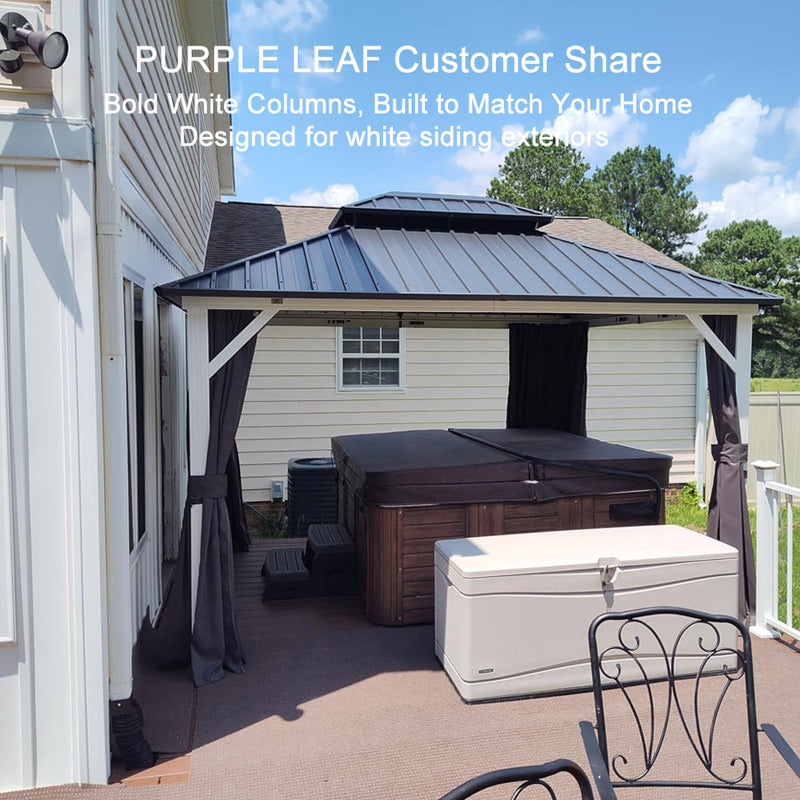 PURPLE LEAF Patio Hardtop Gazebo for Outdoor Grey Galvanized Steel Double Roof White Aluminum Poles with Curtains and String Lights-clear
