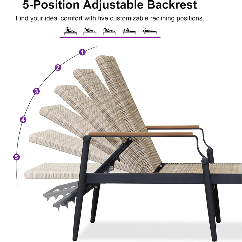 PURPLE LEAF Outdoor Chaise Lounge Chair Set of 2 Patio Pool Lounger Aluminum Chairs with Wooden Armrest Sunbathing Tanning Recliner for Outside Backyard White