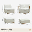 PURPLE LEAF Griffin white modular patio furniture set with ottoman & coffee table, showing product dimensions.