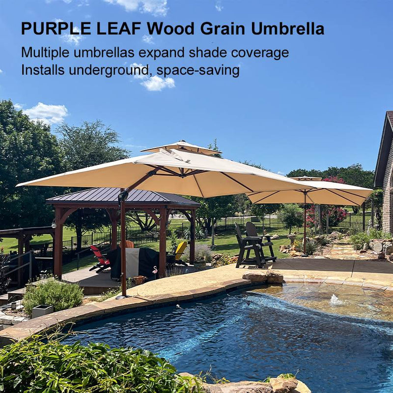 PURPLE LEAF Outdoor Garden Umbrella with Base, Cantilever Umbrellas in Wood Color