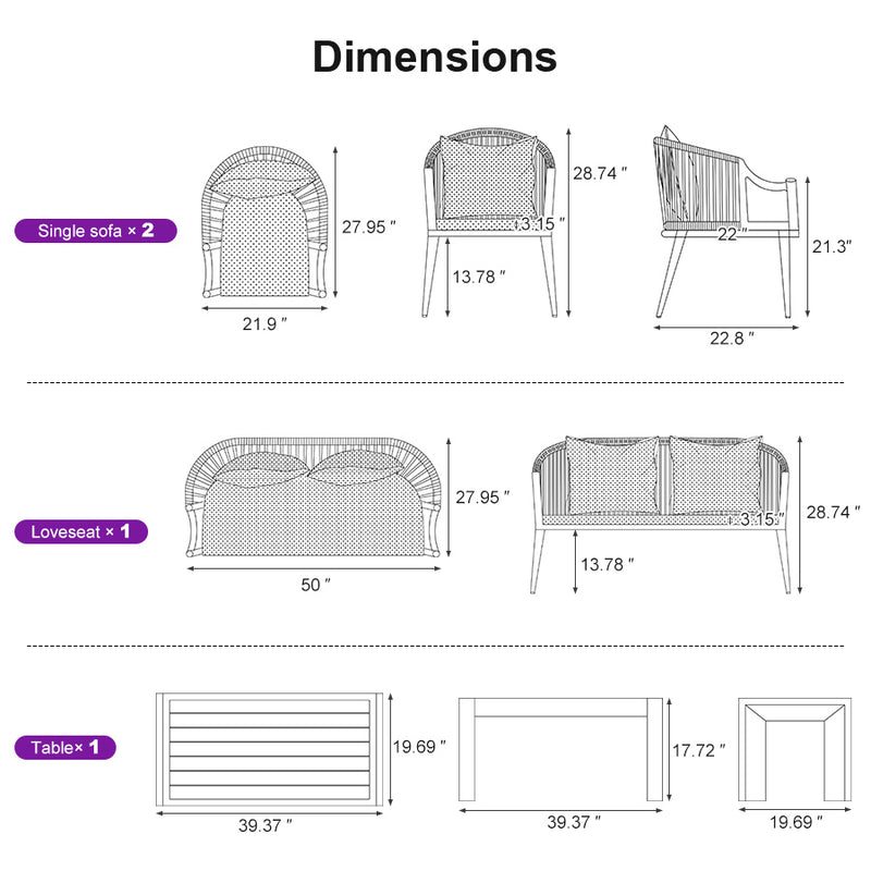 PURPLE LEAF Buler 4/8 Pieces Modern Patio Conversation Set with Rattan Chairs and Coffee Table Sofa for Poolside