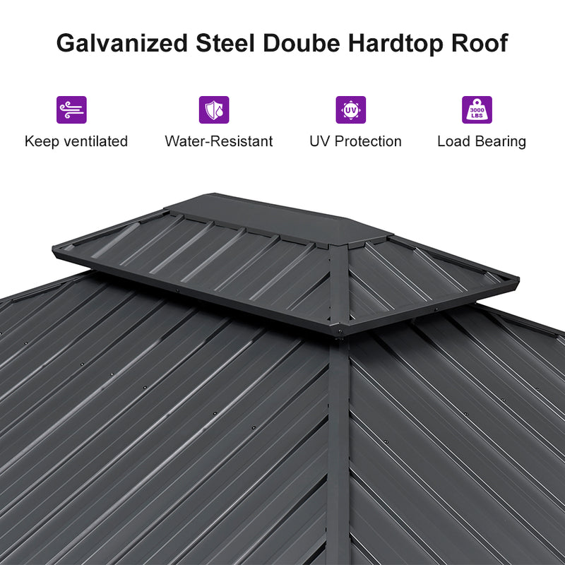 PURPLE LEAF Patio Hardtop Gazebo for Outdoor Grey Galvanized Steel Double Roof White Aluminum Poles with Curtains and String Lights-clear