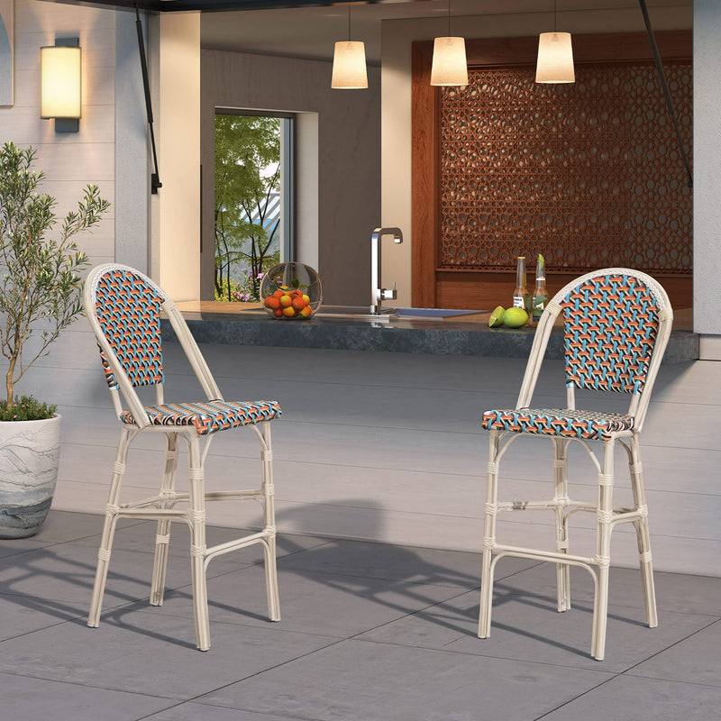 PURPLE LEAF French Counter Height Bar Height Stool Set of 2, Patio Bar Chairs with Back Rattan, French Bistro Set