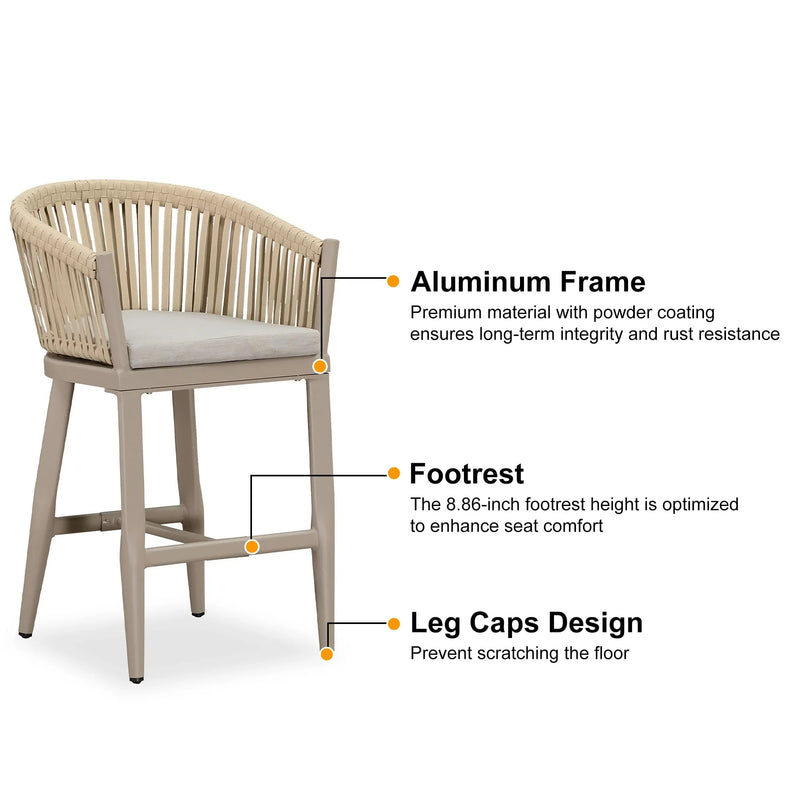 PURPLE LEAF Counter Stools, Bar Stools Set of 2 Rattan Bar Stools Wicker Bar Chairs Woven Aluminum Barstools with Back and Cushions