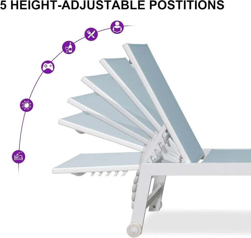 PURPLE LEAF Outdoor Chaise Lounge Chairs Set of 2 White Aluminum Lounge Chair Five-Position Adjustable Chaise with Wheels and Table for Pool Deck Patio