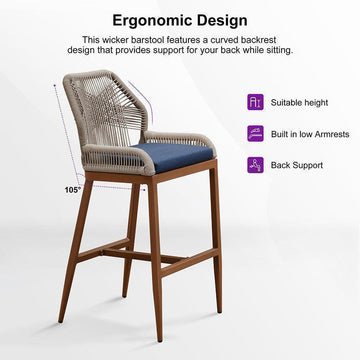 Purple Leaf Outdoor Bar Stool Set Of 2 | Rattan Wicker Bar Height Stools | Brown Aluminum Frame, Removable Cushion