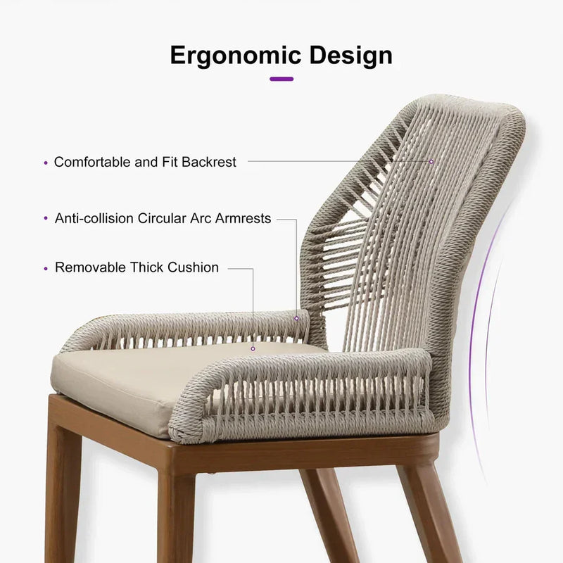 Modern ergonomic patio chair with woven back, comfortable backrest, and removable cushion.