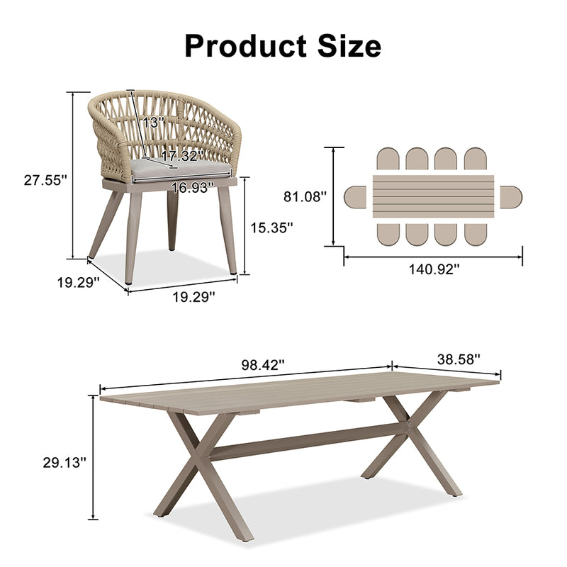 PURPLE LEAF Modern Outdoor Dining Table with 6/8/10 Seats, All-Weather Aluminum Table and Rattan Chairs with Cushions, Champagne