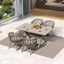 PURPLE LEAF all-weather aluminum outdoor dining set, wood grain table, rope chairs.