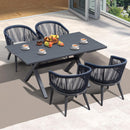 Purple Leaf All-Weather wood grain aluminum outdoor dining set with 4 rope chairs.