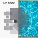 PURPLE LEAF 9x9ft patio cantilever umbrella: 360° rotation feature with diagram and pool water.
