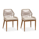 Two modern patio chairs with beige rope woven backrests, cushions, and woodgrain frames.