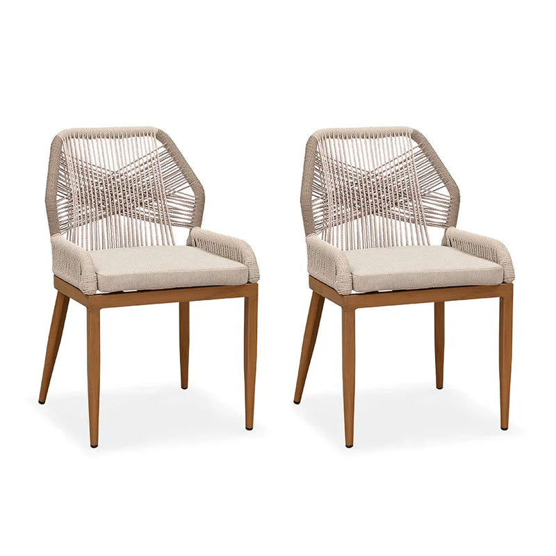 Two modern patio chairs with beige rope woven backrests, cushions, and woodgrain frames.