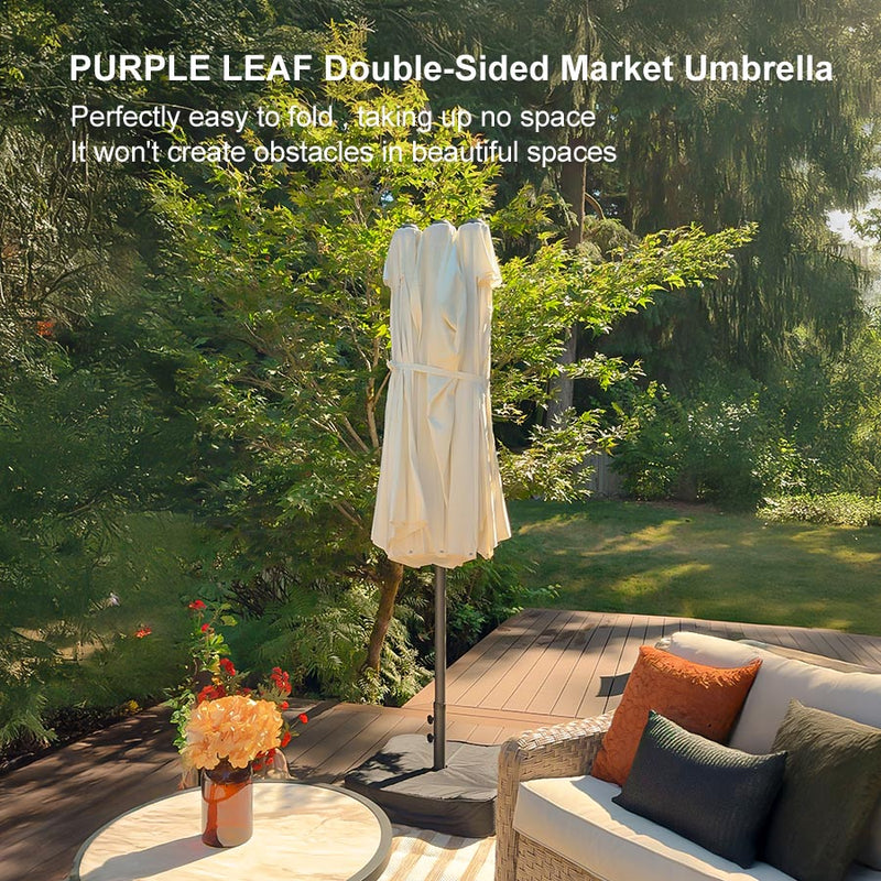PURPLE LEAF 14'X8' double-sided patio market white large rectangular advanced chain lock pin umbrellas with a sturdy 1.9" powder-coated pole and 12 ribs for stability and free base are erfectly easy to fold , taking tip no space.They won't create obstacles in beautiful spaces