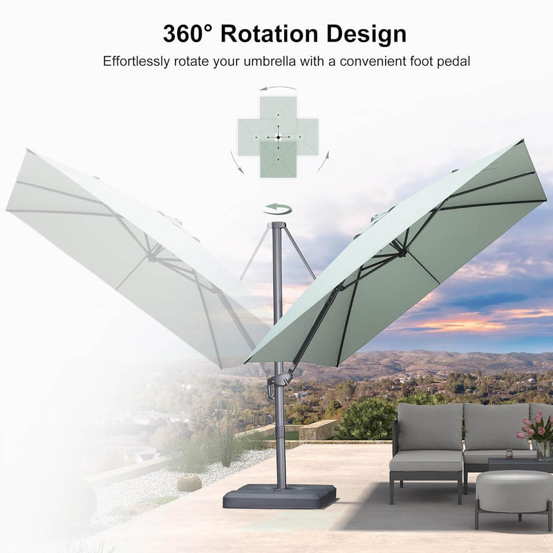 PURPLE LEAF Economical Square Outdoor Umbrella Olefin Rectangle Patio Umbrella Multifunctional Adjustment: The patio umbrella can be easily rotated 360° horizontally with the foot pedal design. With the aluminum handle and 5 height-adjustable tilt operating system, you can easily change the height and angle of the canopy to provide more protection from the sun.