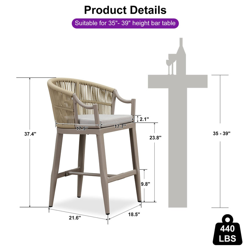 PURPLE LEAF Patio Bar Stools Set of 2 Outdoor Wicker Modern High Bar Chairs Metal Cushioned Barstools with Backs and Ergonomic Armrest for Balcony Garden Indoor Kitchen Island