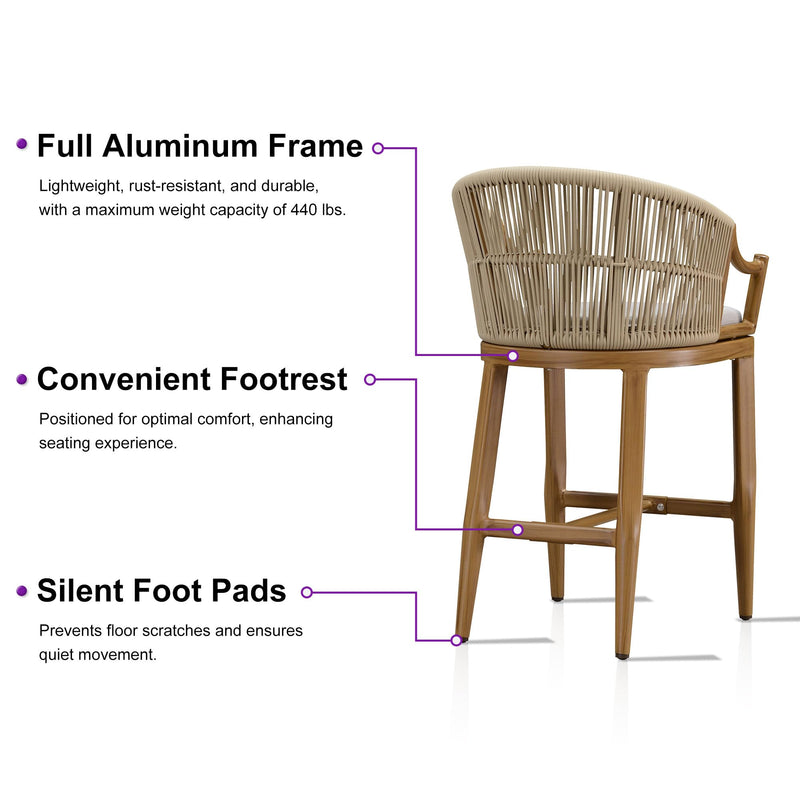 PURPLE LEAF Patio Bar Stools Set of 2 Outdoor Wicker Modern High Bar Chairs Metal Cushioned Barstools with Backs and Ergonomic Armrest for Balcony Garden Indoor Kitchen Island