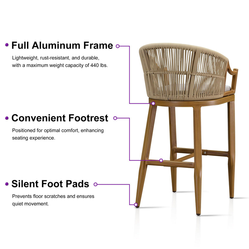 PURPLE LEAF Patio Bar Stools Set of 2 Outdoor Wicker Modern High Bar Chairs Metal Cushioned Barstools with Backs and Ergonomic Armrest for Balcony Garden Indoor Kitchen Island