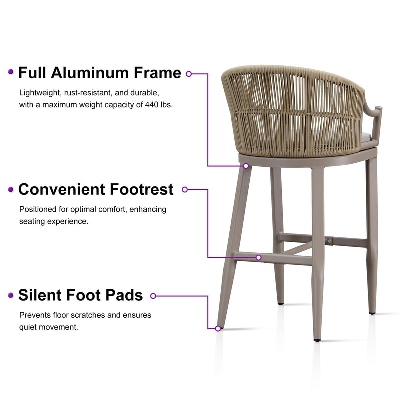PURPLE LEAF Patio Bar Stools Set of 2 Outdoor Wicker Modern High Bar Chairs Metal Cushioned Barstools with Backs and Ergonomic Armrest for Balcony Garden Indoor Kitchen Island