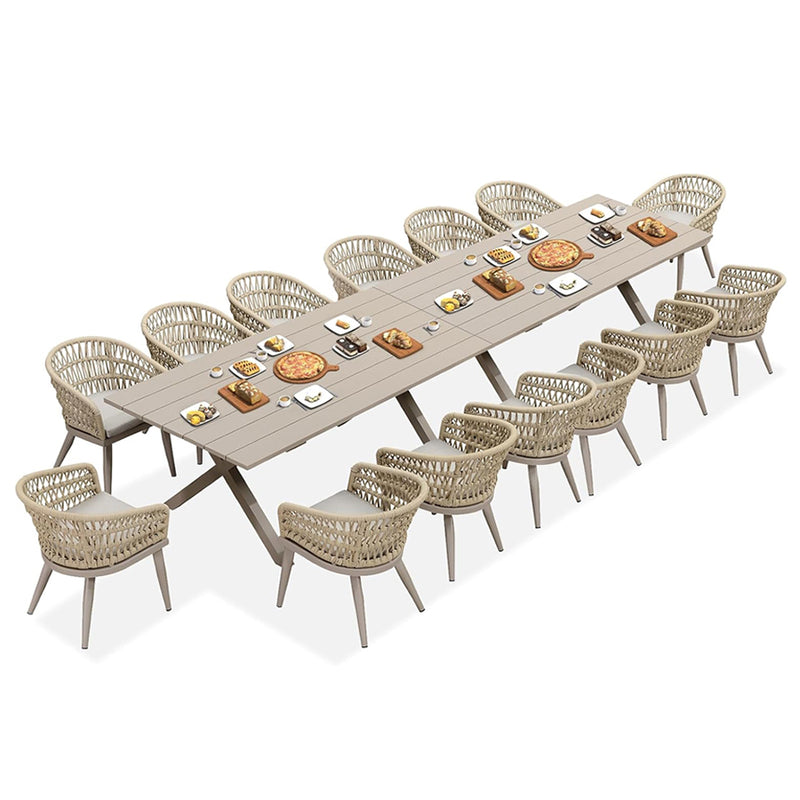 PURPLE LEAF Modern Outdoor Dining Table with 6/8/10 Seats, All-Weather Aluminum Table and Rattan Chairs with Cushions, Champagne