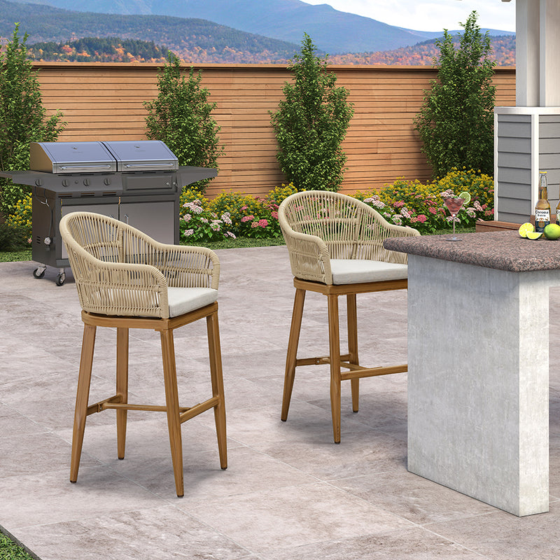 PURPLE LEAF Outdoor Bar Stools Set of 2 Rattan Bar Stools Counter Stools with Back and Cushions  for Patio, Garden, Kitchen