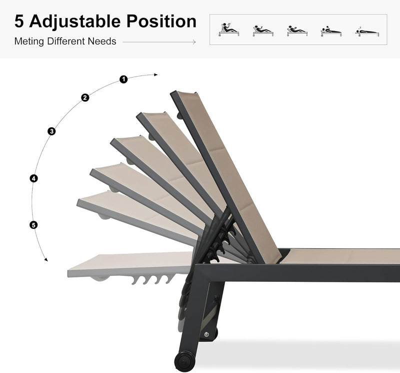 PURPLE LEAF Outdoor Aluminum Chaise Lounge Set of 3 with Wheels and Side Table for Outdoor Backyard Poolside
