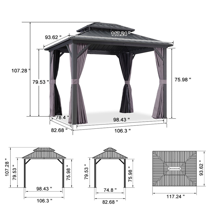 PURPLE LEAF Grey Hardtop Gazebo with Heavy Duty Galvanized Steel Double Roof with Netting and Curtains