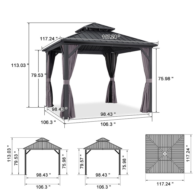 PURPLE LEAF Grey Hardtop Gazebo with Heavy Duty Galvanized Steel Double Roof with Netting and Curtains