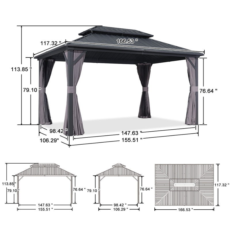 PURPLE LEAF Grey Hardtop Gazebo with Heavy Duty Galvanized Steel Double Roof with Netting and Curtains