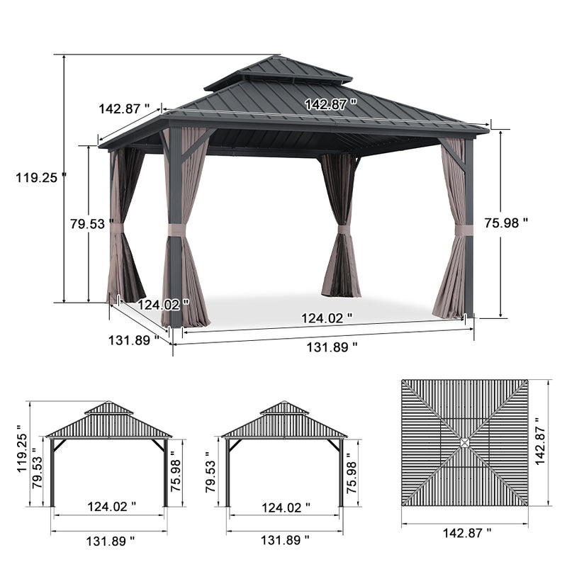 PURPLE LEAF Grey Hardtop Gazebo with Heavy Duty Galvanized Steel Double Roof with Netting and Curtains