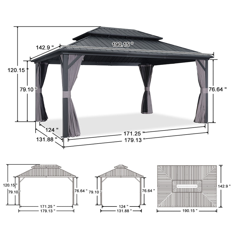 PURPLE LEAF Grey Hardtop Gazebo with Heavy Duty Galvanized Steel Double Roof with Netting and Curtains